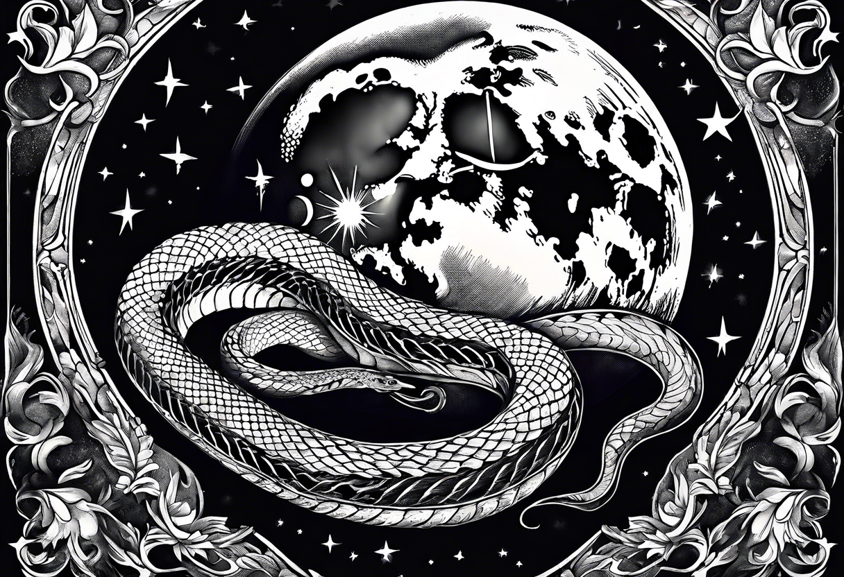 A snake hug the moon in the night sky tattoo idea