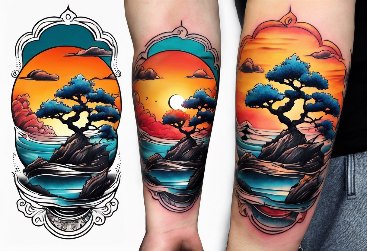 Sunset and little down bonsai trees on a forearm tattoo idea