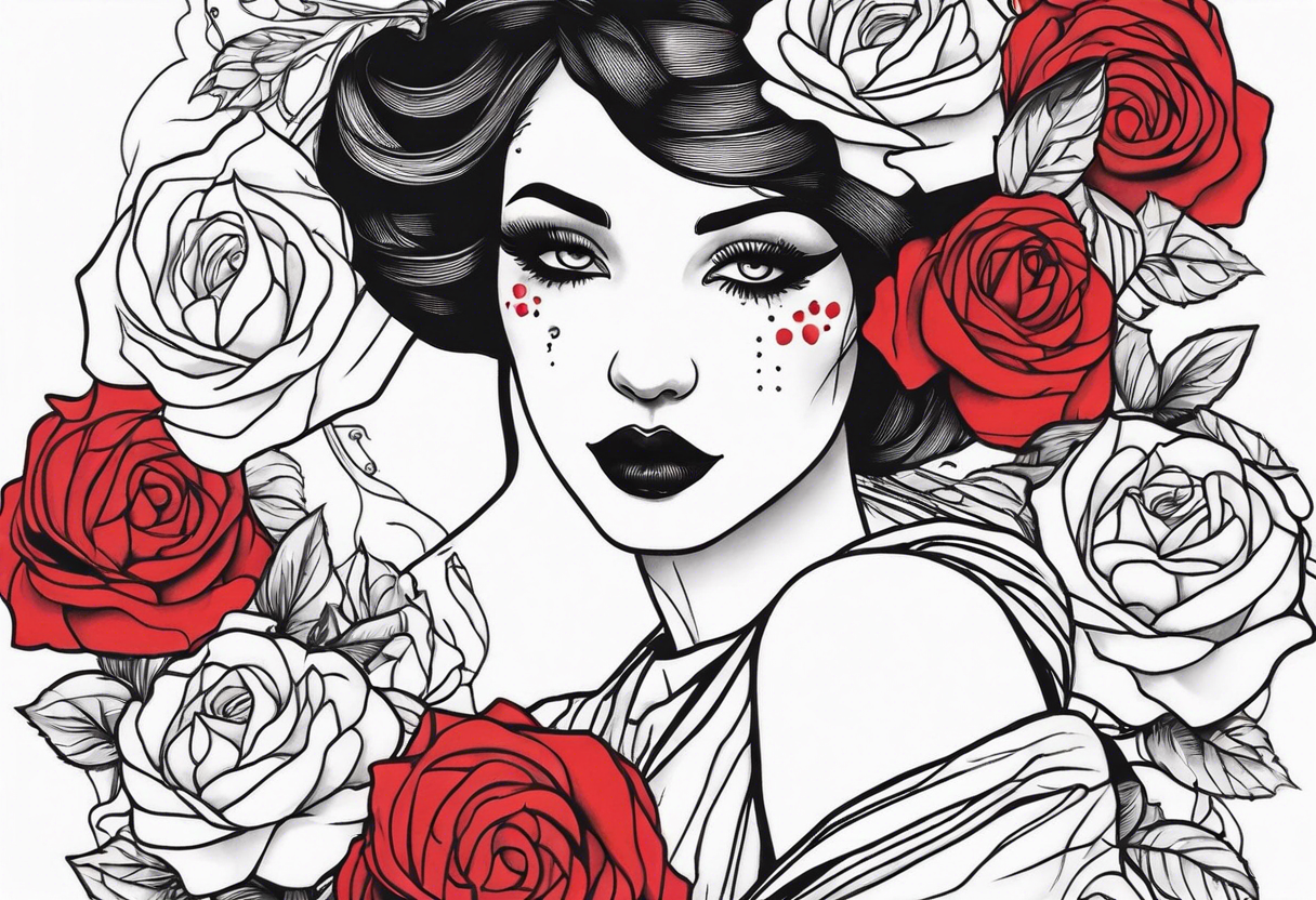 mime girl in white dress surrounded by roses tattoo idea