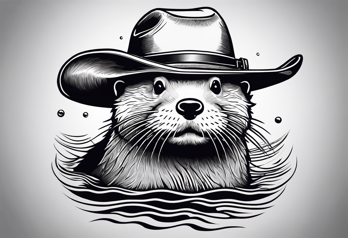 an otter floating on its back in a lake with a cowboy hat tattoo idea