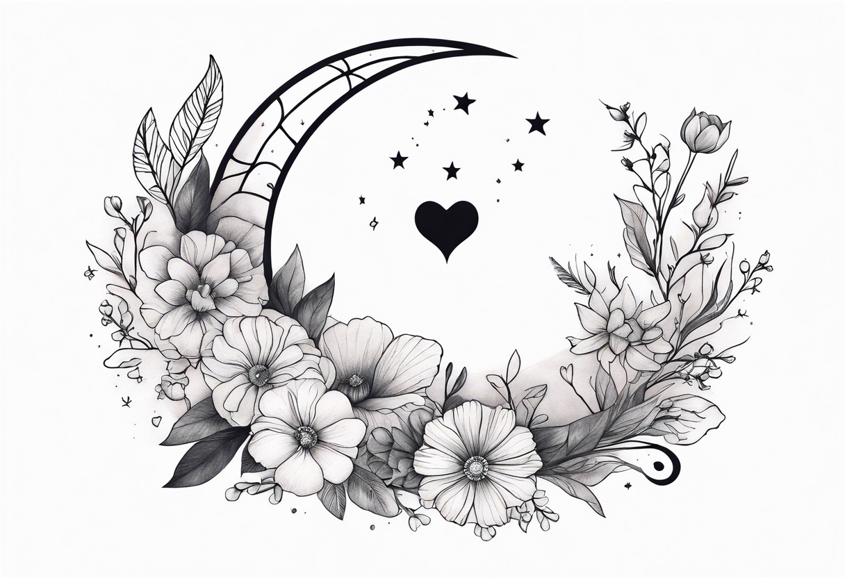 hand tattoo of a Crescent moon with a heart inside, shrouded by beautiful flowers with wisps of mist tattoo idea