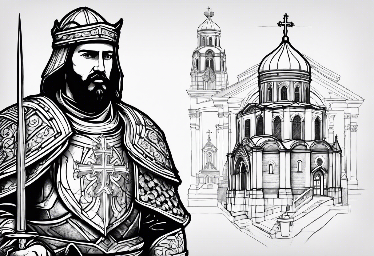 I want a standing serbian knight on my upper arm. In the background I‘d like to have the church of saint sava from belgrade. tattoo idea