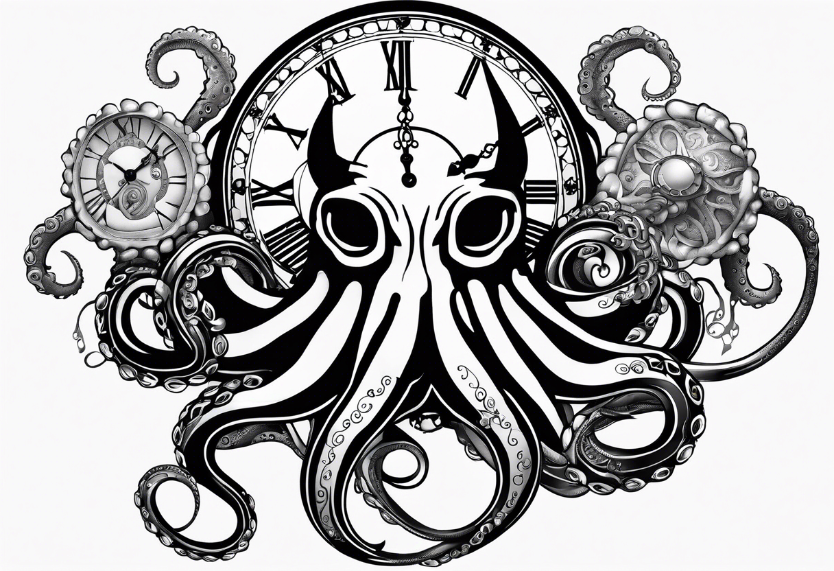 Forpocket watch wrapped under an aggressive octopus, lateral view tattoo idea