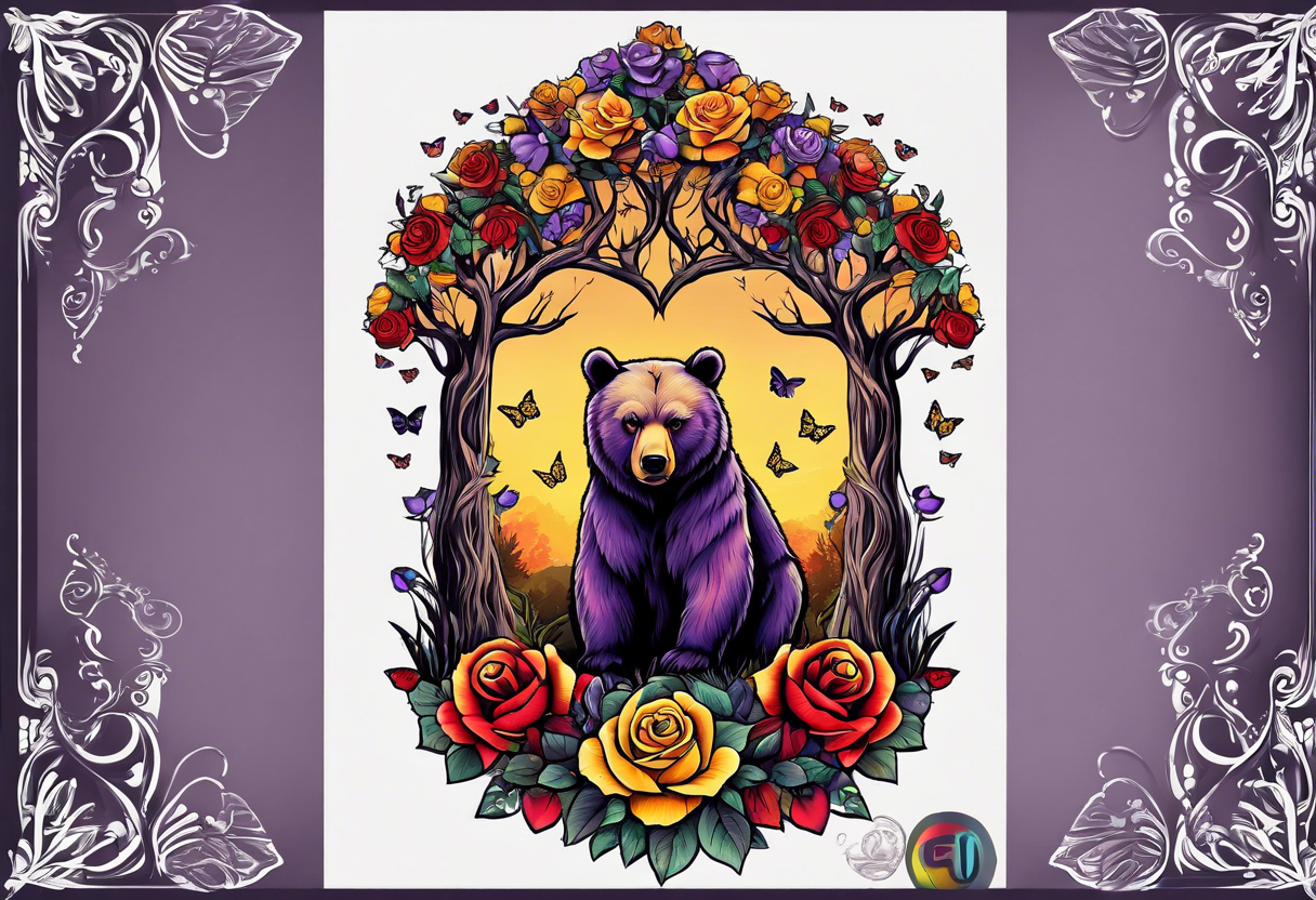 Bear under the tree of life with yellow, purple, and red colored roses and three butterflies for an upper arm tattoo. tattoo idea