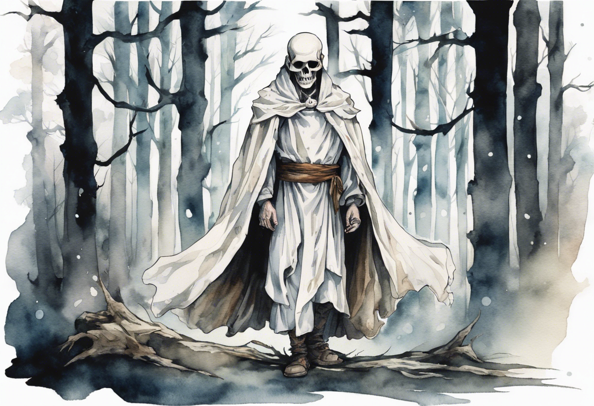 a medieval man in a white cloak wearing skull for a mask standing alone in a gloomy barren forest tattoo idea