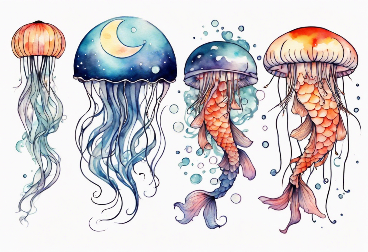 1 jellyfish with the moon in the lid. Then with mini koi carp and jellyfish swimming amongst the tentacles tattoo idea