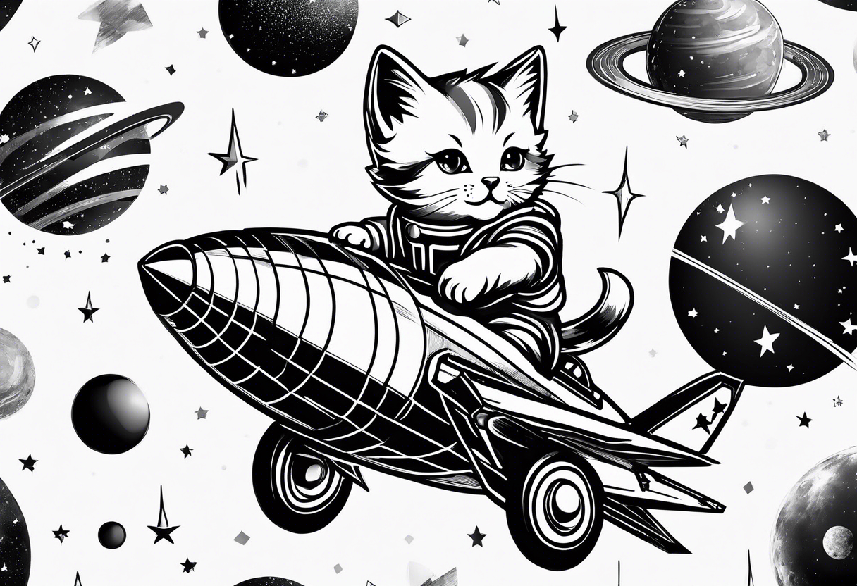 a kitten riding a rocket in space tattoo idea