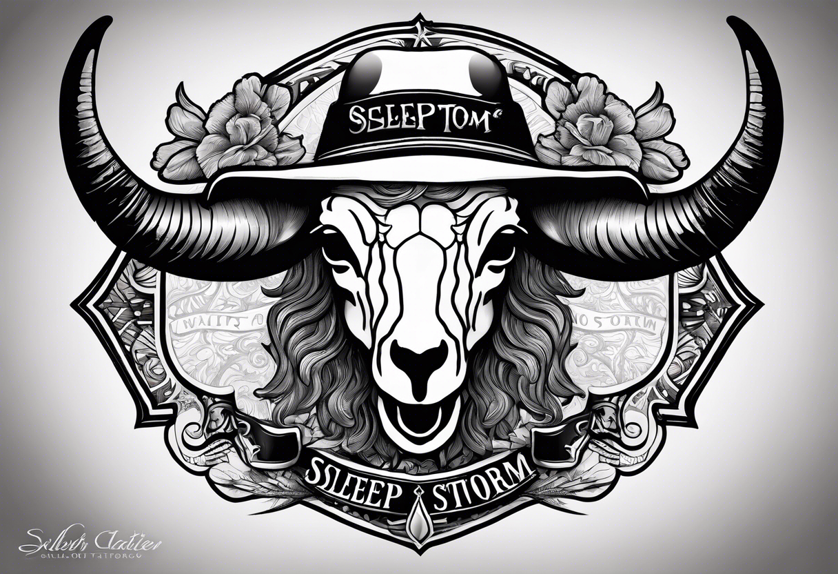 A sheep skull with cowboy hat hanging off the end of one of the horns and the words sleep through the storm tattoo idea