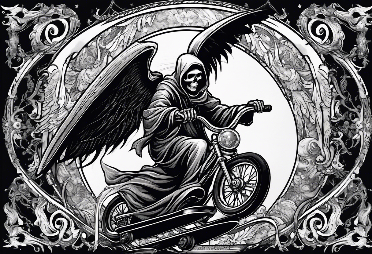 the grim reaper riding a skateboard with an angel halo above his head tattoo idea