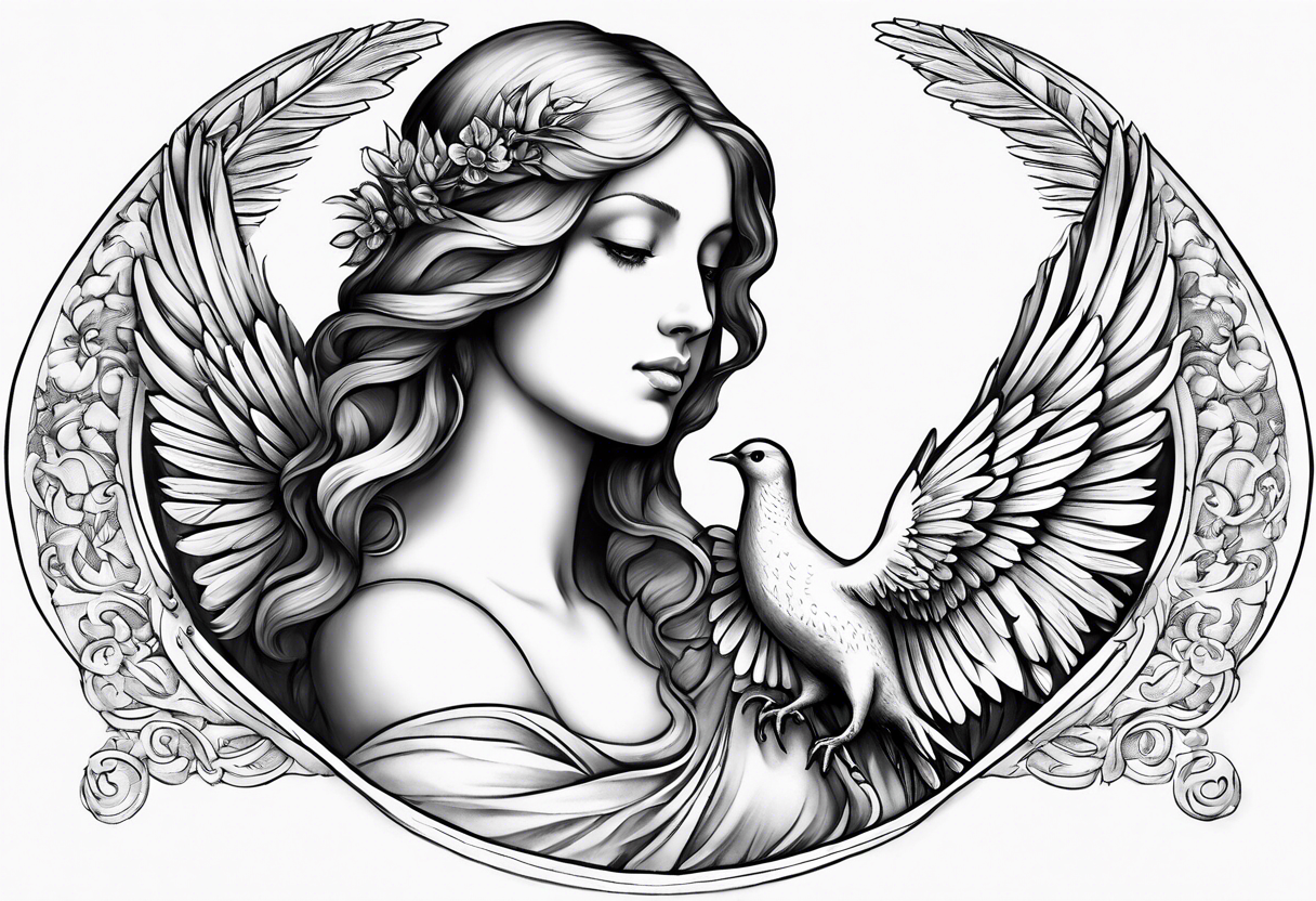 Angel with a Dove and Leonaro Da vinci Sleeve tattoo idea