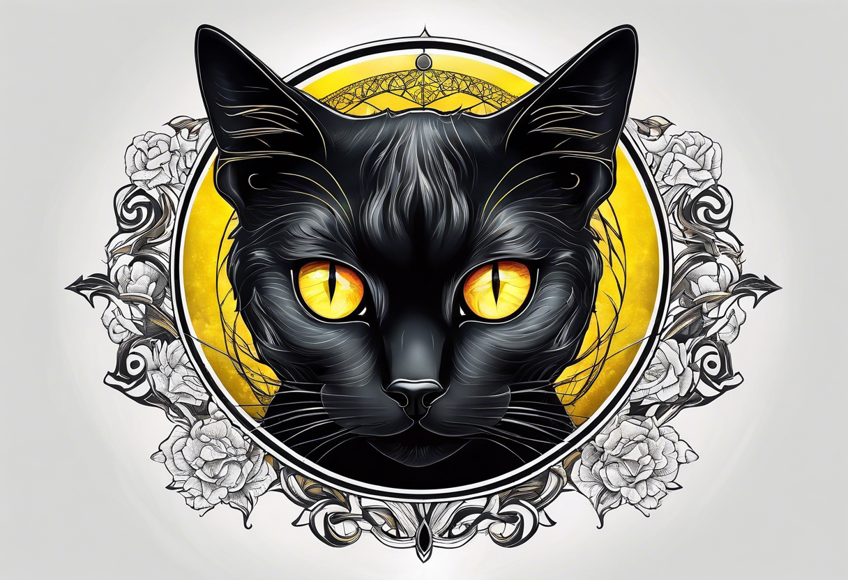 Black Cat with yellow eyes, cat's eye nebula in background tattoo idea