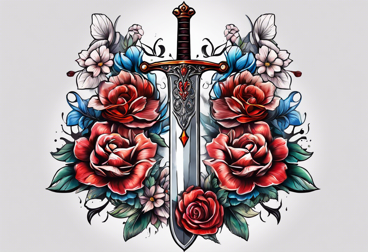 bloody sword with flowers tattoo idea