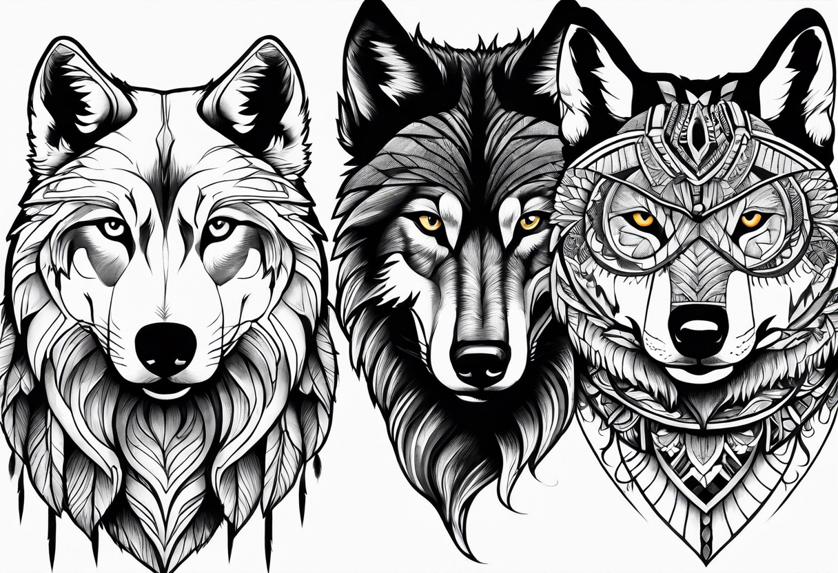 Hawk and a Wolf, Nature Scenery, and names Grayson, Bennett, Layden, Xavian, Amelia, Braxton tattoo idea