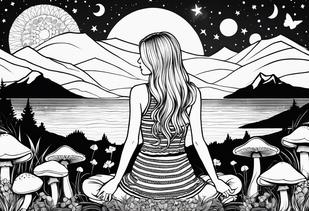 Straight blonde hair girl holding mushrooms in hand meditating facing away toward mountains surrounded by mushrooms crescent moon mandala circular design black and white striped dress tattoo idea