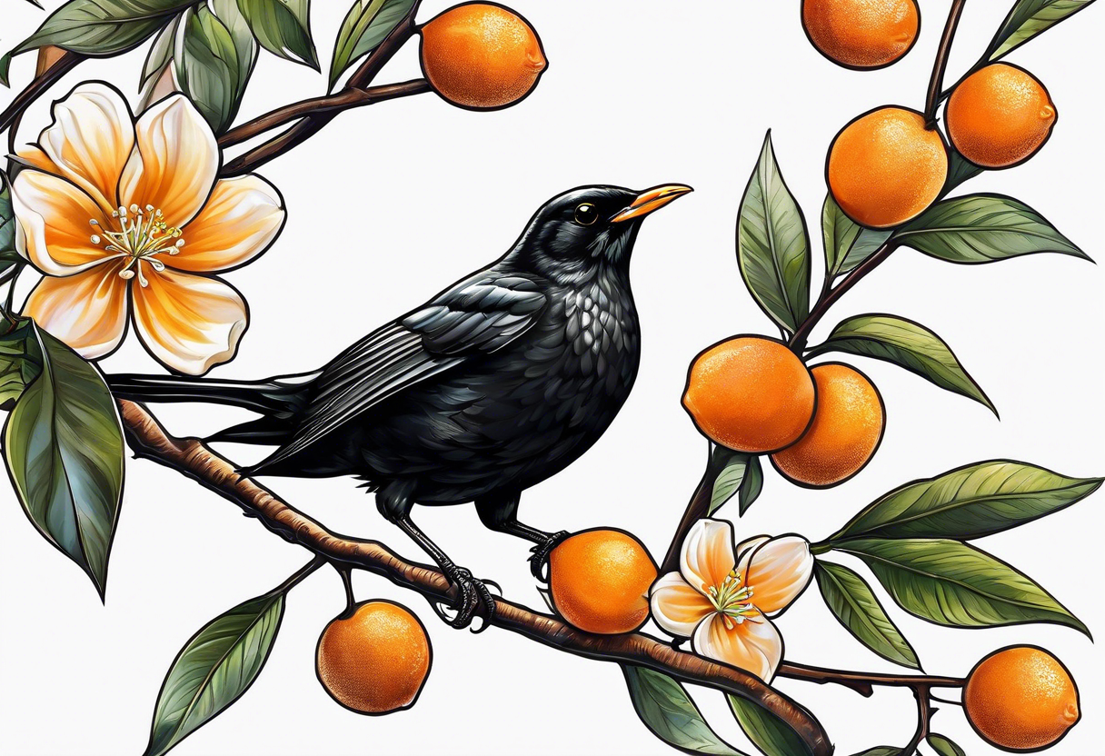 blackbird leaving on an orange blossom branch with its wings up tattoo idea