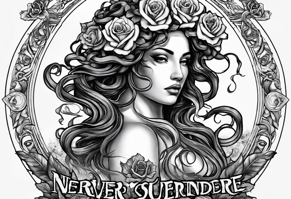 Medusa with decaying roses and the words never surrender at the base tattoo idea