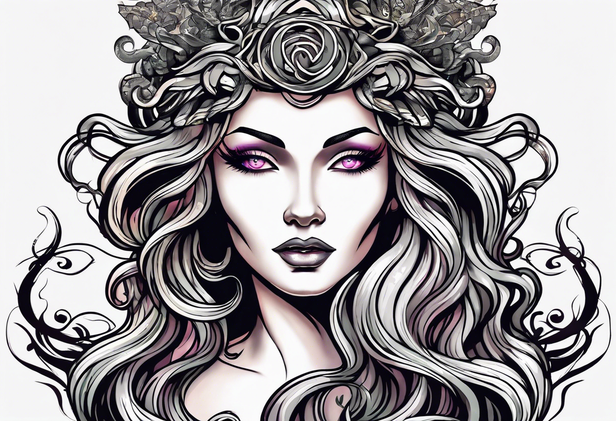 Medusa head with a mysterious expression, capturing both her allure and danger. Blend dream-like qualities with the striking figure of Medusa. Render on a thigh tattoo idea