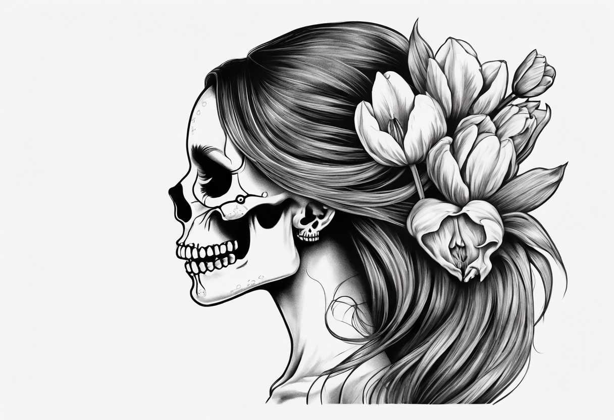 sideview of female skull with long open hair and tulip tuft in mouth and catrina painting, friendly mood tattoo idea