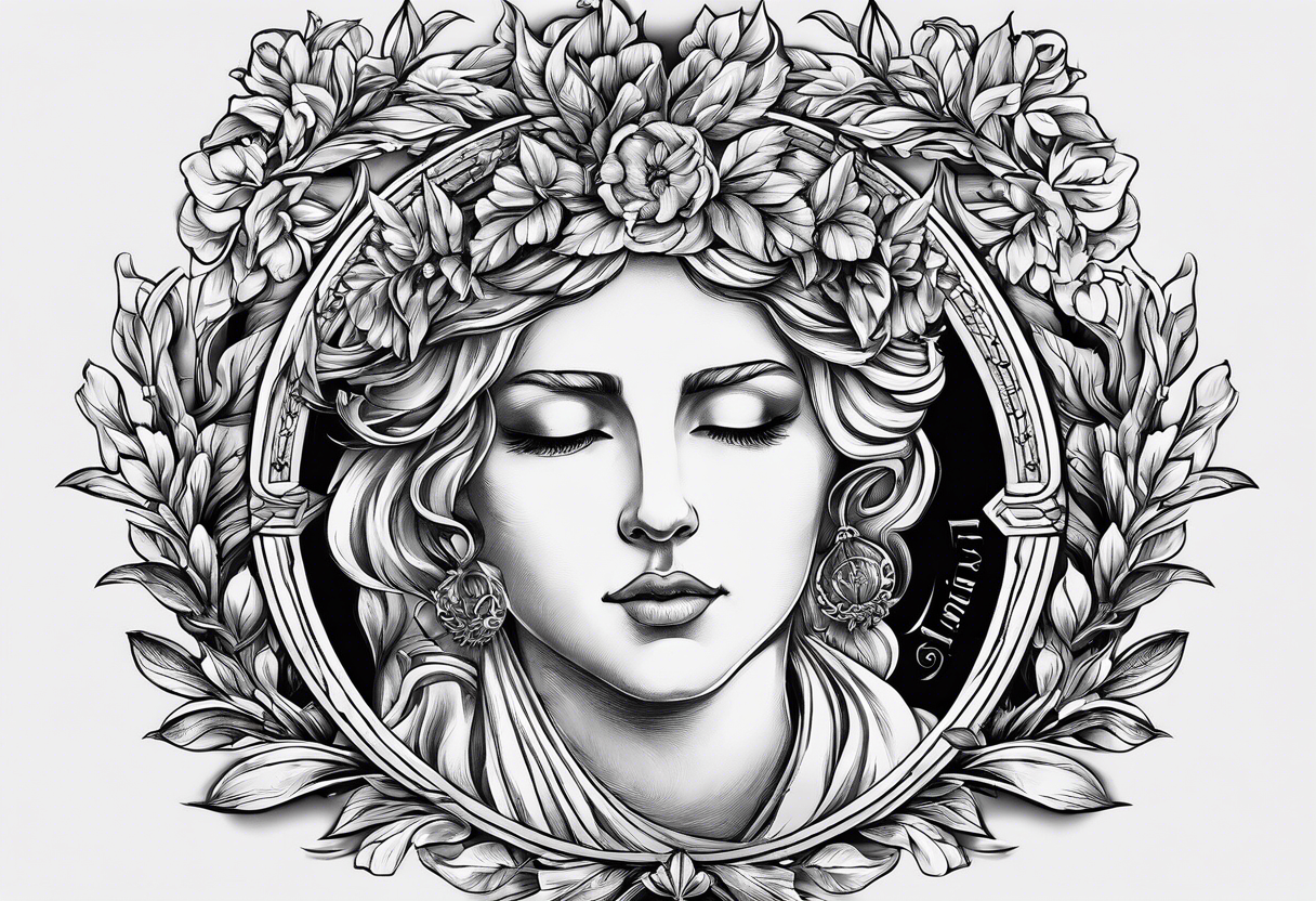 the phrase "sempre per sempre" surrounded by a laurel wreath with classic design and st. jude image tattoo idea