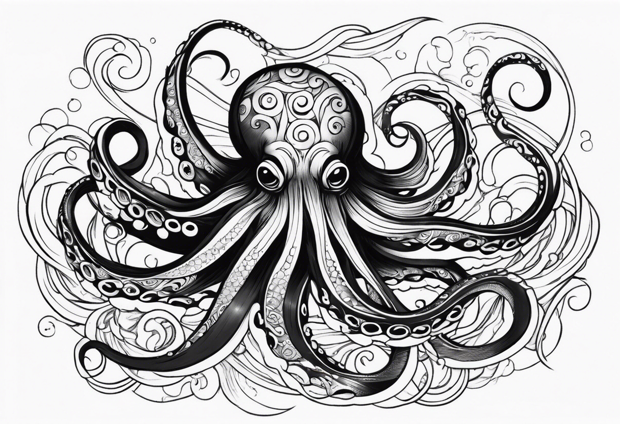 Tribal half sleeve. octopus surrounded by ribbons of water waves filled with fish. the octopus has no eyes. Use thick lines only with less detail. tattoo idea