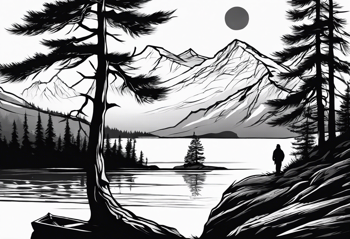 Sleeve tattoo windswept pine tree before lake with low rockface on far side of lake. Mastiff silhouette in the foreground. with a dock coming out from the shore. Canadian shield tattoo idea