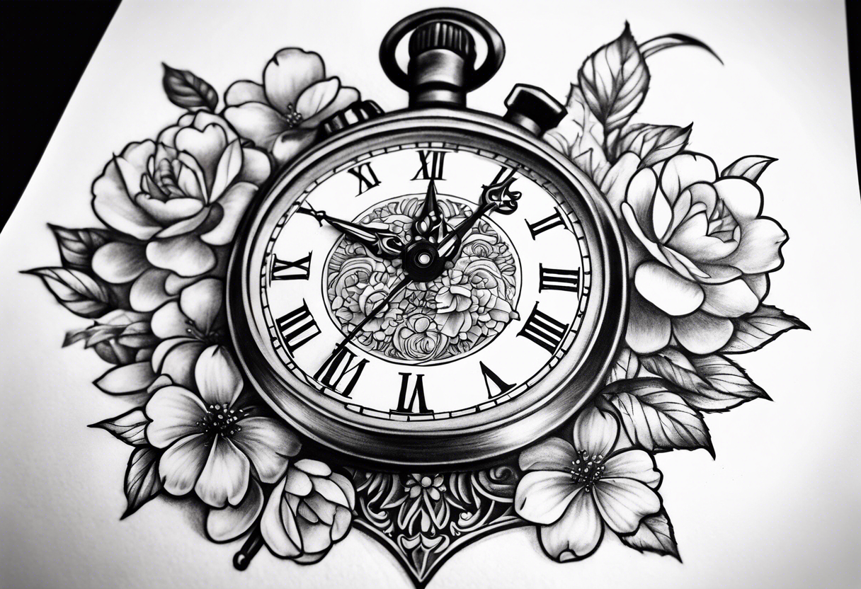 Stopwatch, sword and cherry bloom tattoo idea