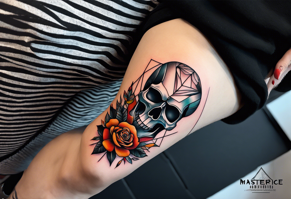 blackwork Knee tattoo in fall colors showing a large skull with a rose in the style tattoo idea