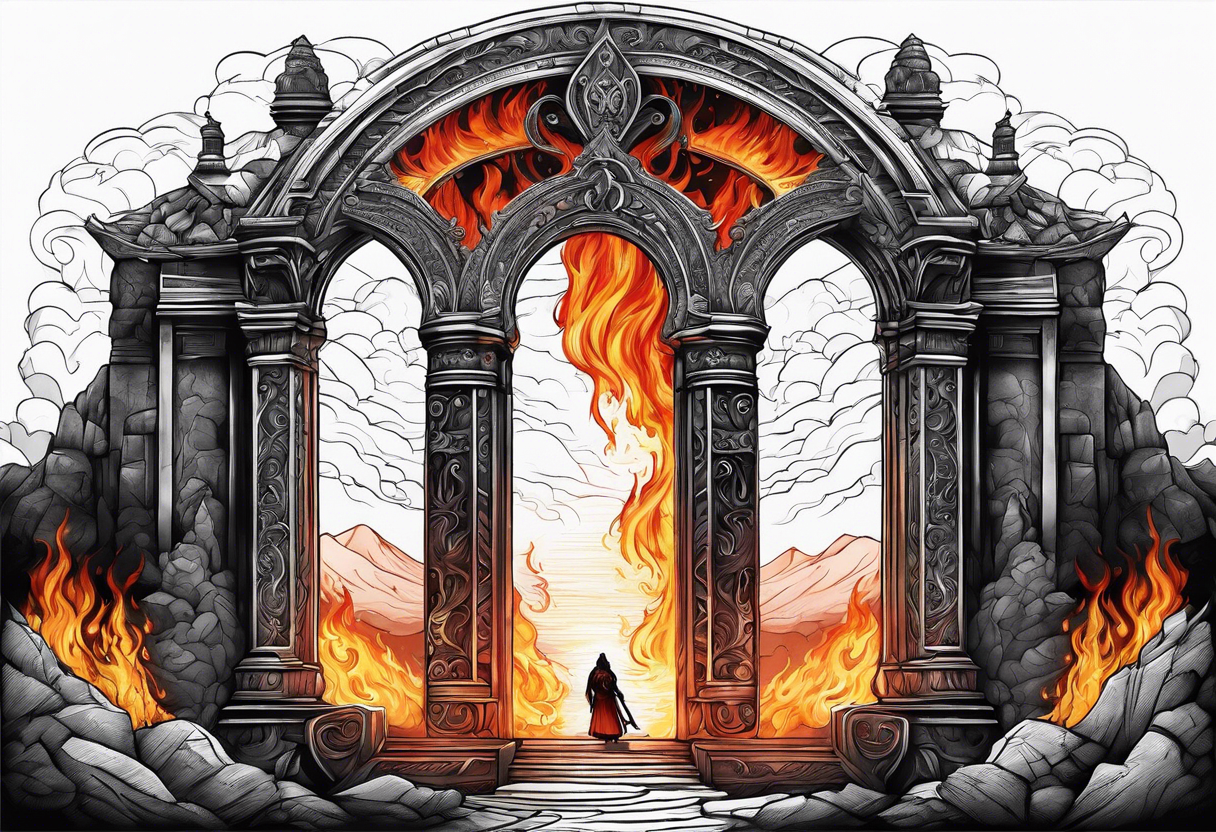 Oblivion gate with fire and lava behind it tattoo idea