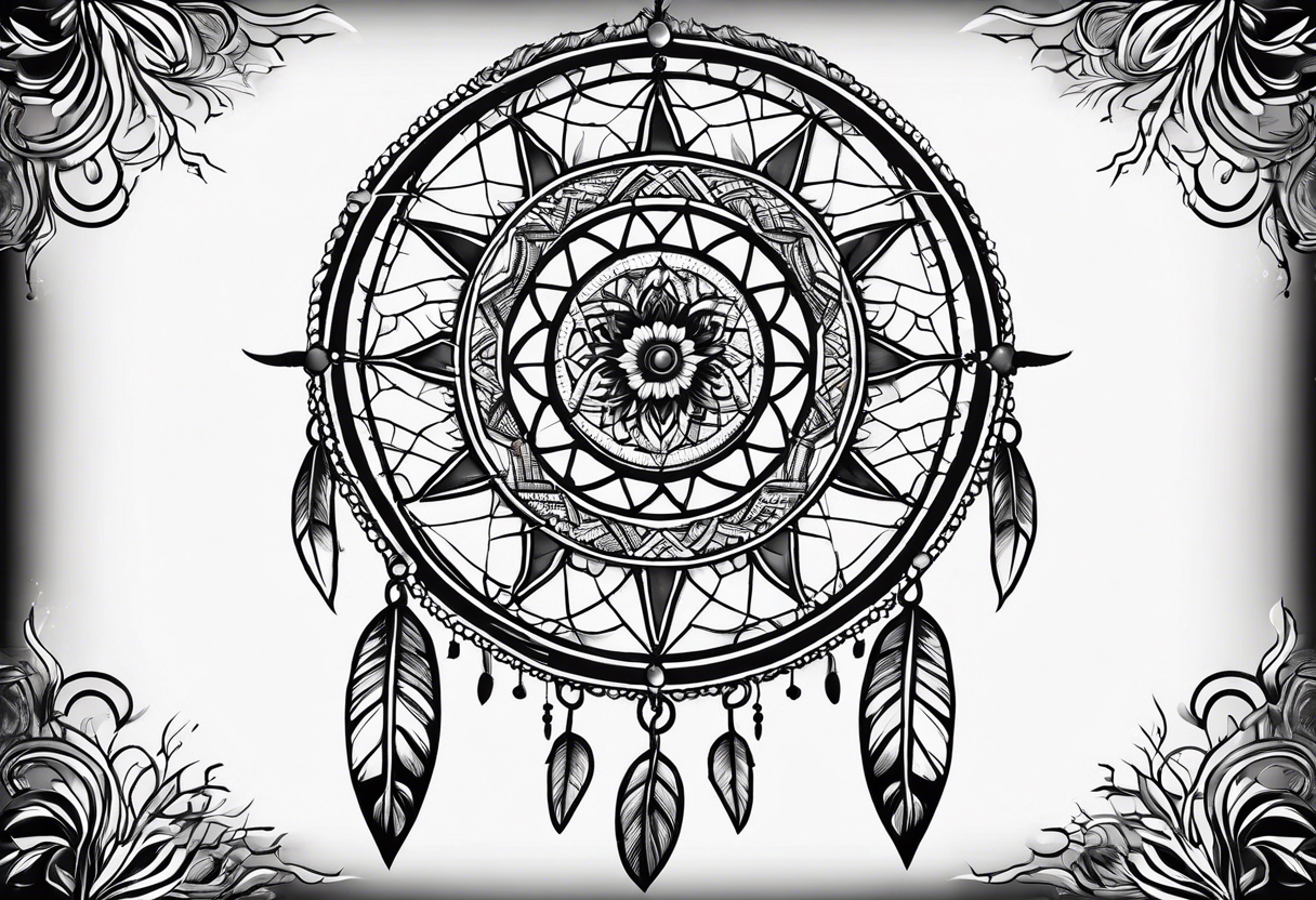 A black and white detailed dream catcher with a lot of shading tattoo idea