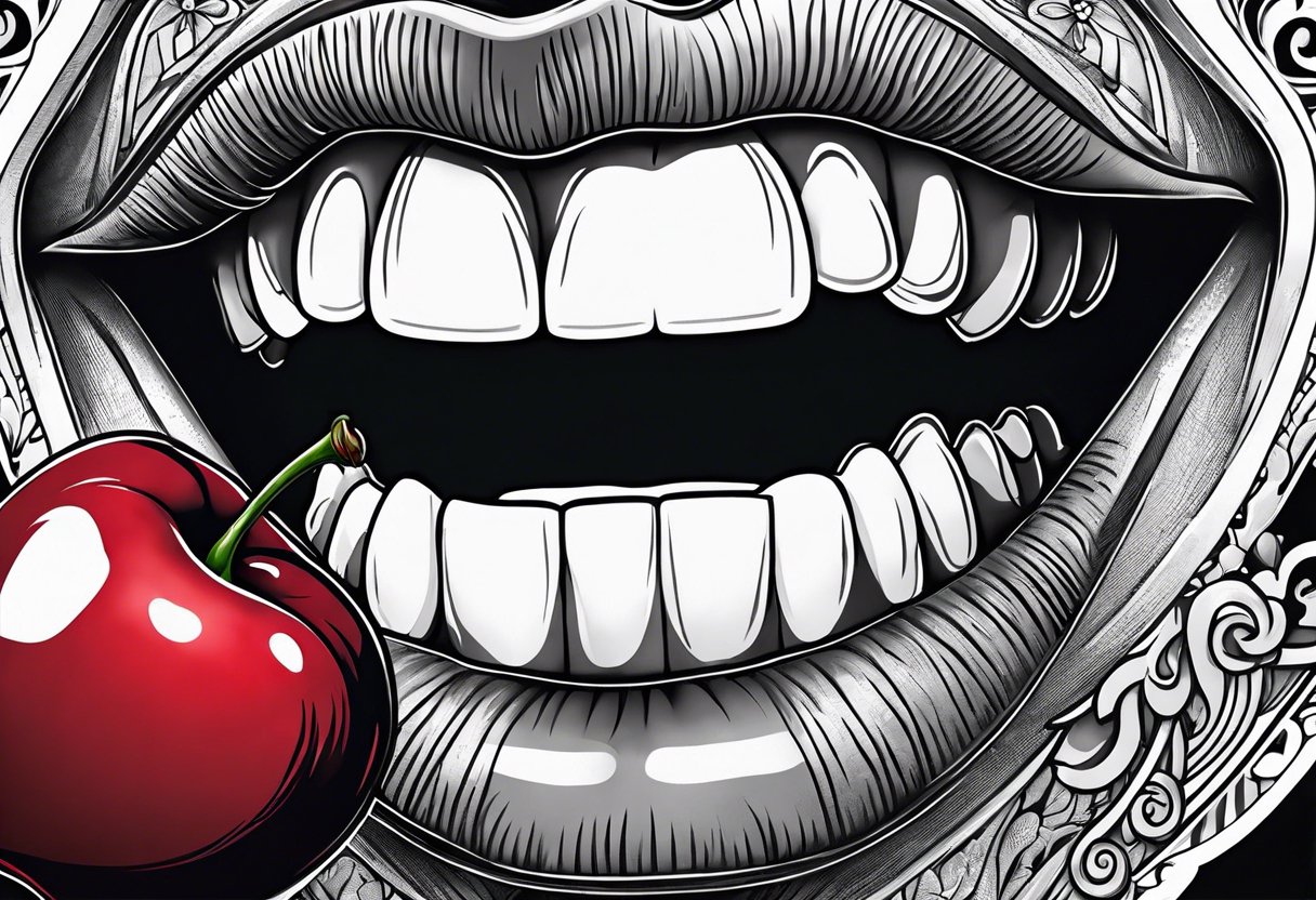 mouth, holding cherry in teeth, lush lips tattoo idea