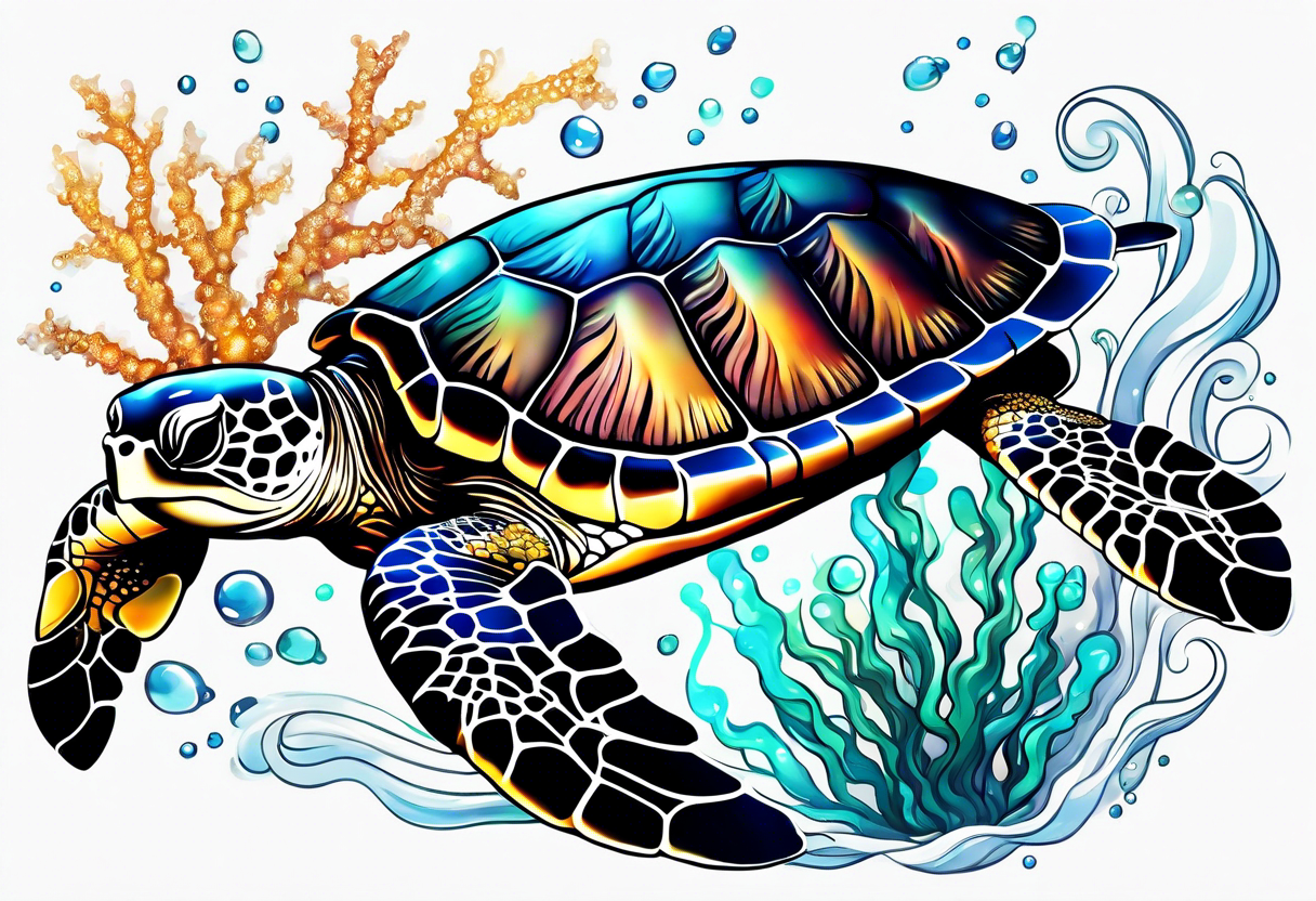 sea turtle swimming with jelly fish and among star fish tattoo idea