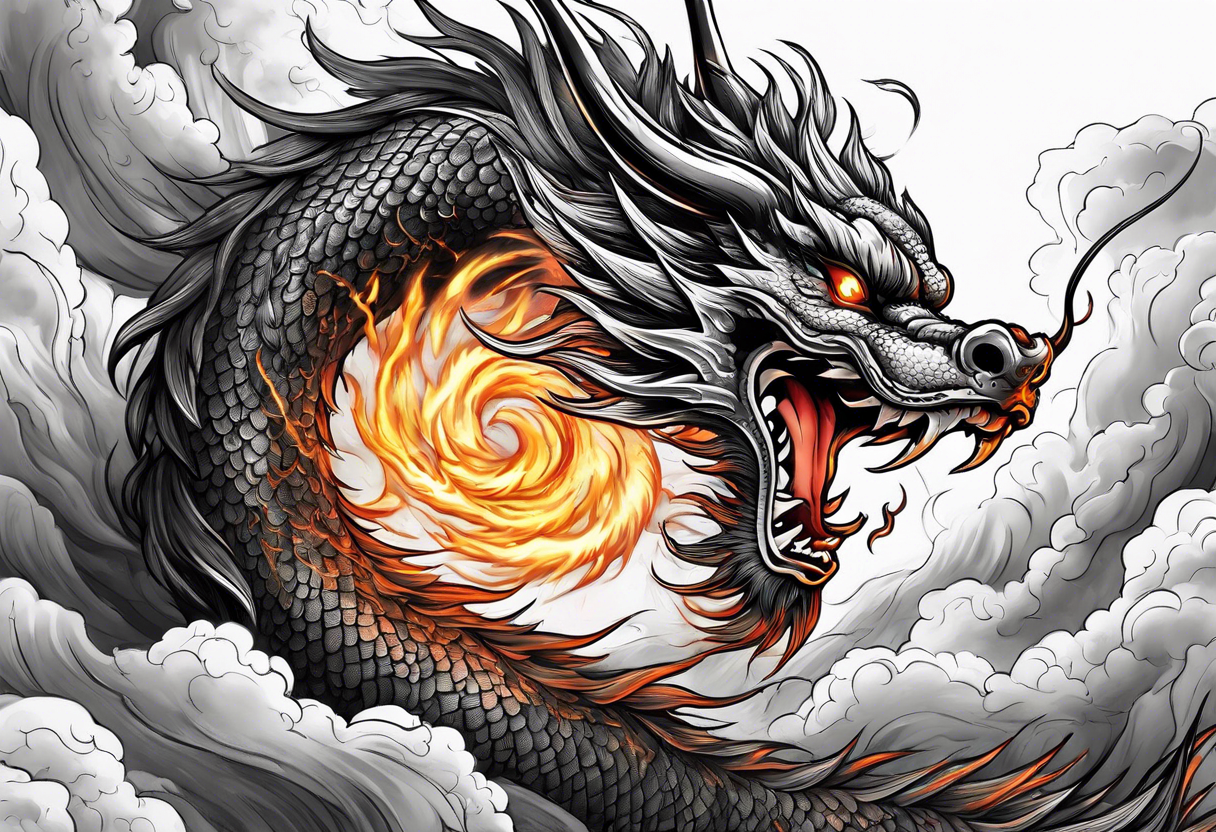 chinese dragon blowing fire while flying through a thunderstorm tattoo idea