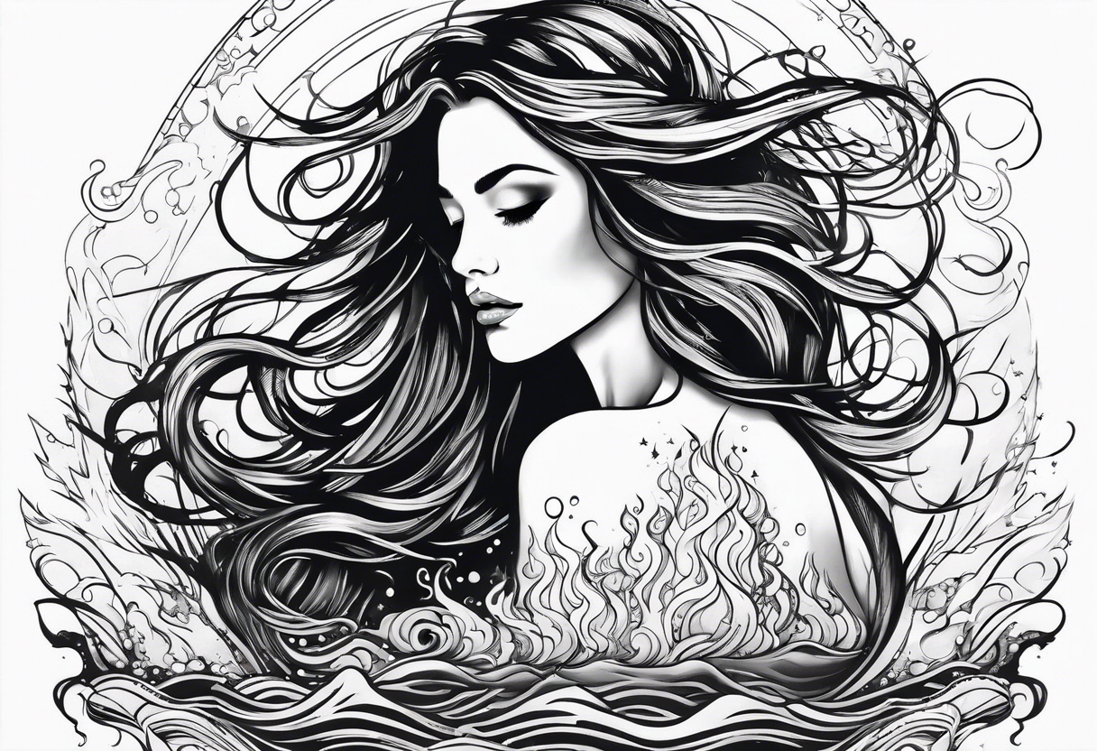 long-haired woman emerging from water, reaching up to a star tattoo idea