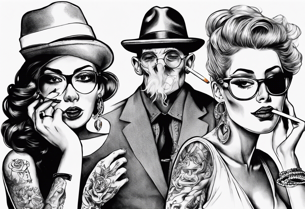 Image with one man and one woman, both without hats and glasses. A man with earrings in his ears stands smoking a cigarette, a woman sits with her legs wide apart tattoo idea