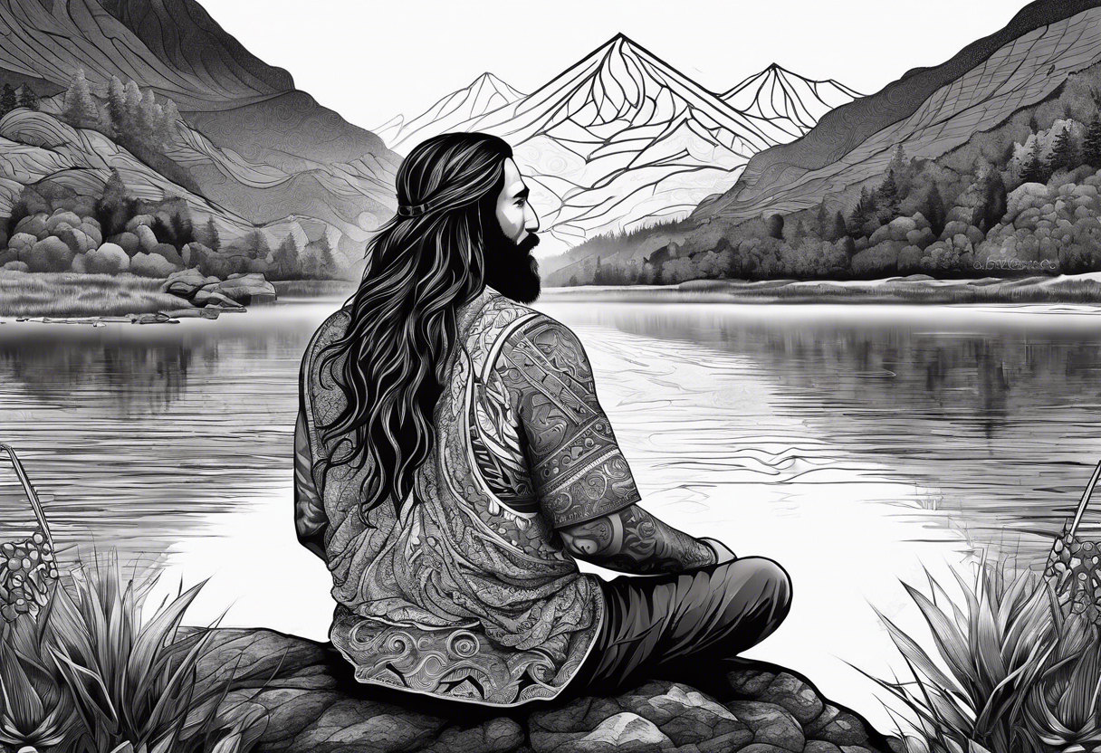 a meditating long haired man by the mountain river, the sky is covered with spiritual pattern tattoo idea