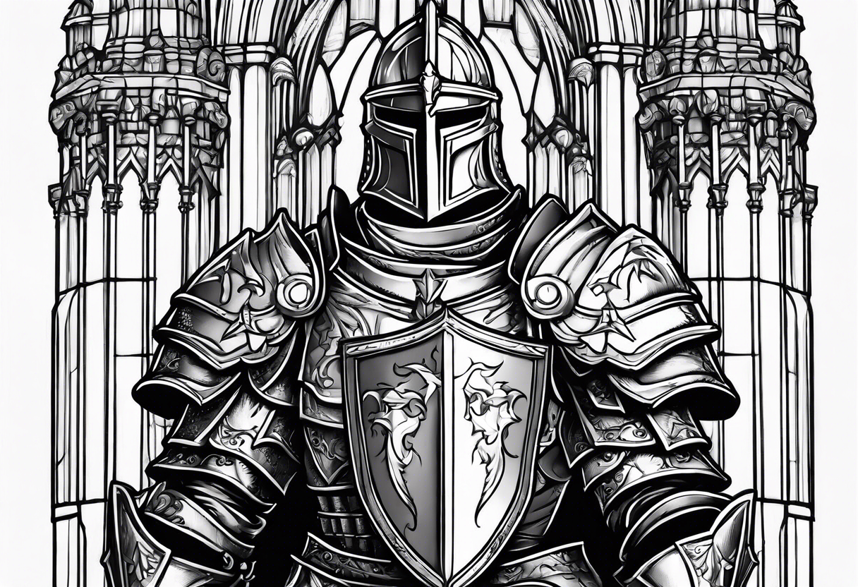 knight heavy armor in front of cathedral tattoo idea