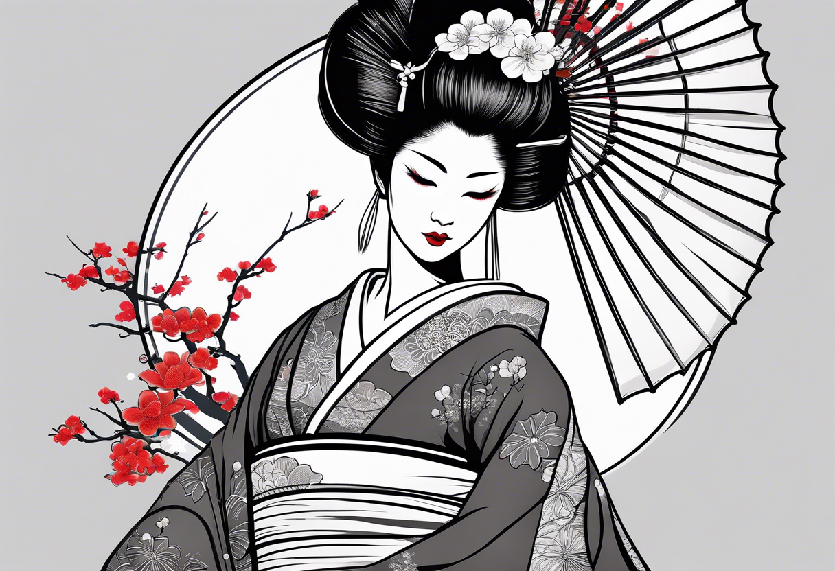 Geisha with a dress and a fan, traditional japanese style, white background tattoo idea