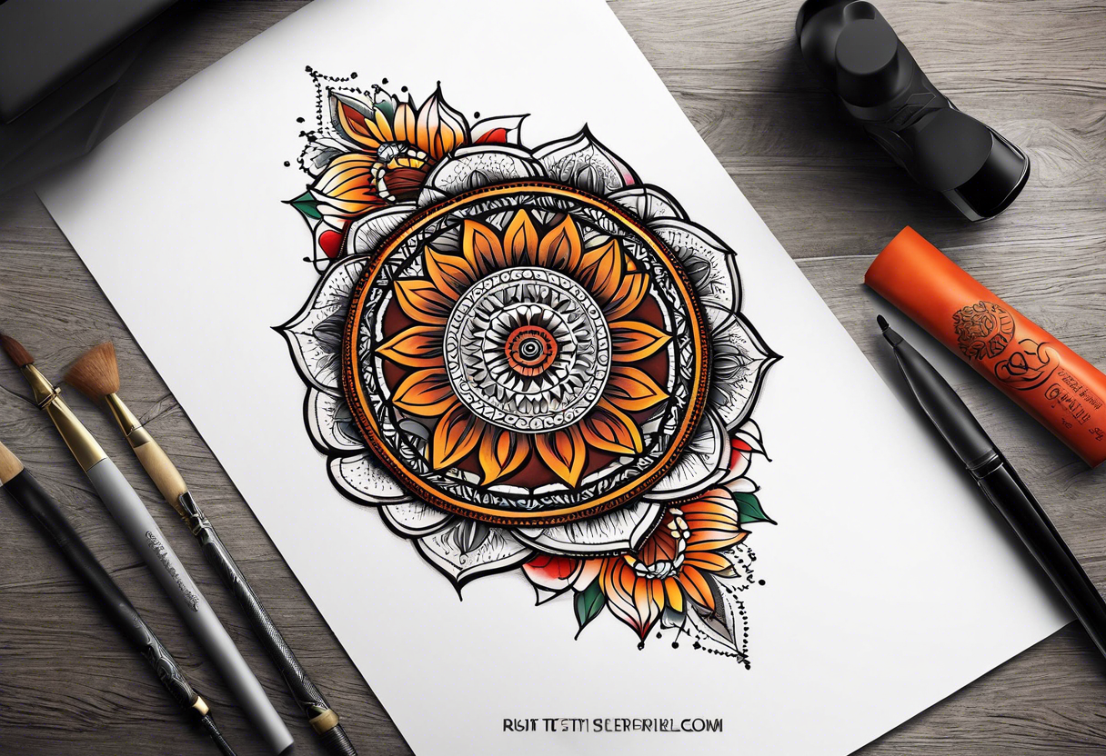 simple male mandala elbow tattoo in fall colors tattoo idea