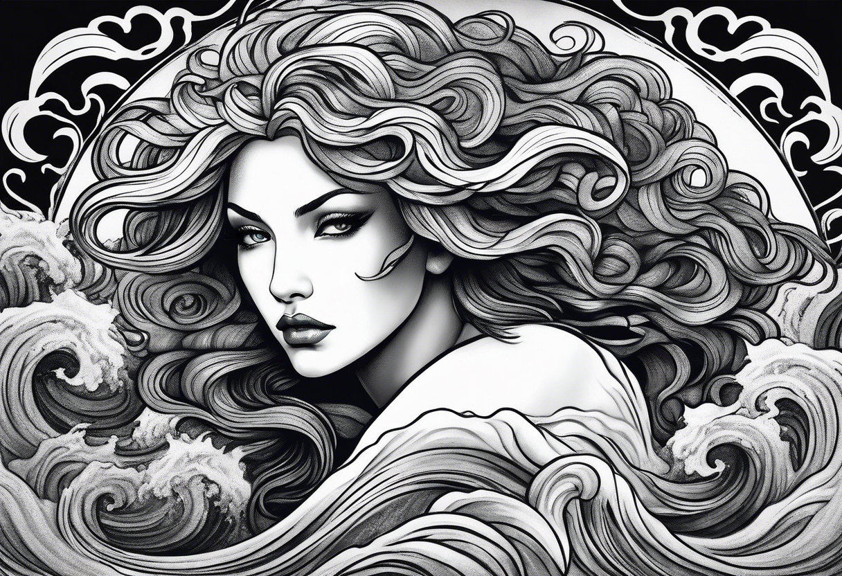 stormy sea waves, a woman in the middle of a storm, Medusa the Gorgon tattoo idea