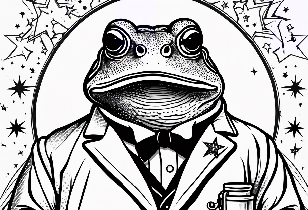 Toad in lab coat pointing at stars smirk tattoo idea