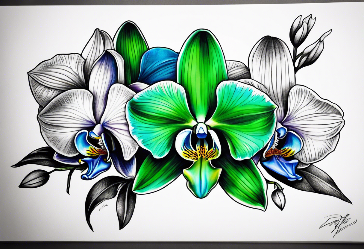 Green and Blue orchids tattoo idea