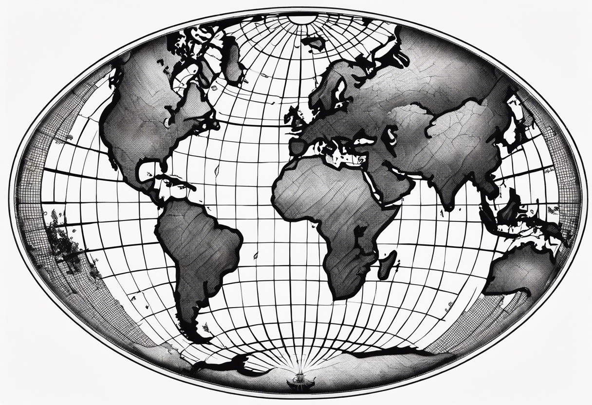 a flat map of the earth on a small fading grid in the shape of a circle tattoo idea