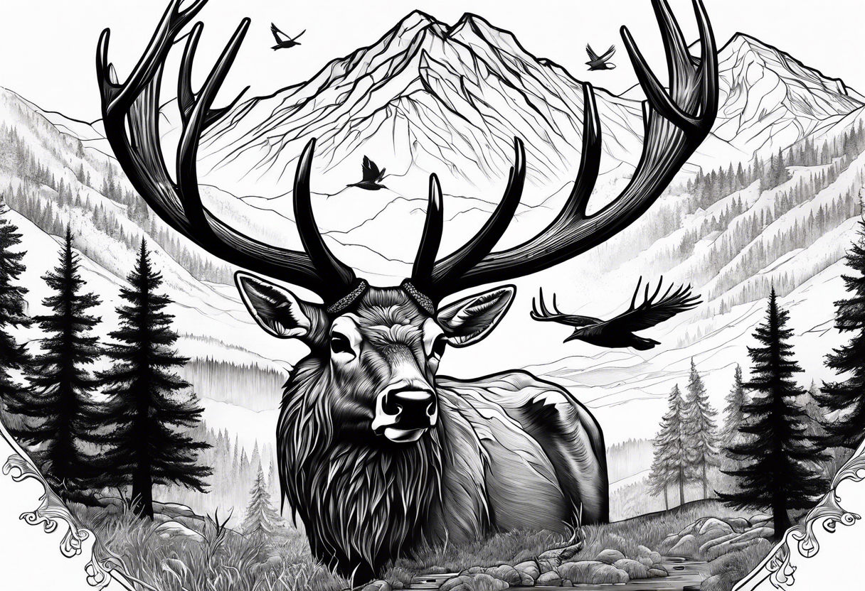 elk skull with mountains and trees
with a stream and birds overhead tattoo idea