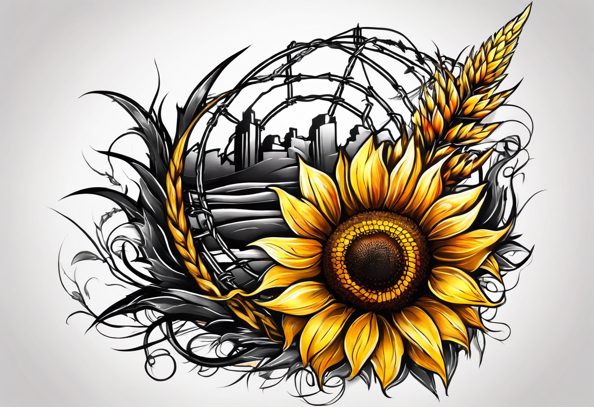 Sunflower, wheat, and barbed wire half sleeve tattoo idea