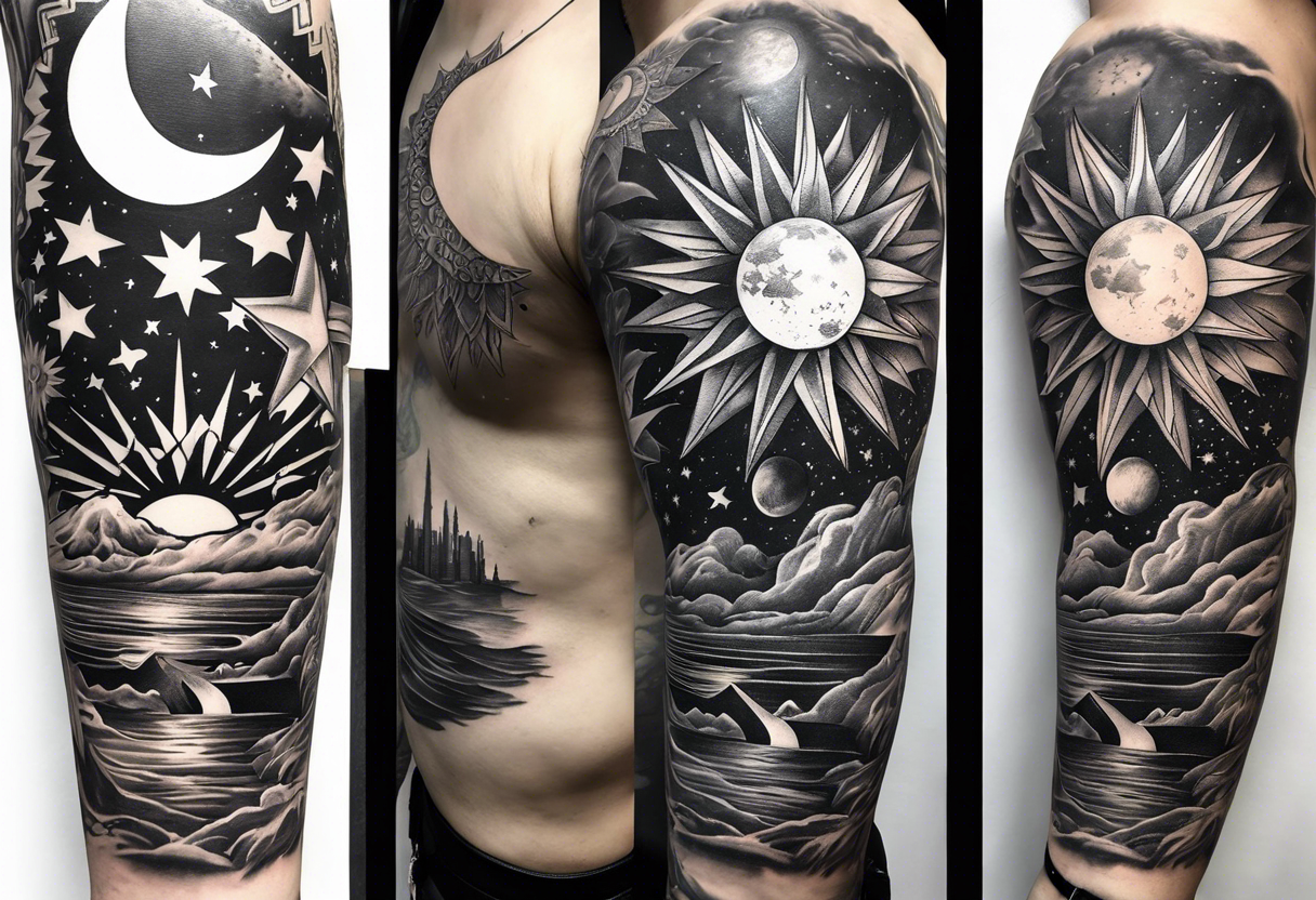 Collage for full left arm sleeve with:
a sun with a quarter moon, 
2 stars,
bass guitar, 
caduceus symbol tattoo idea