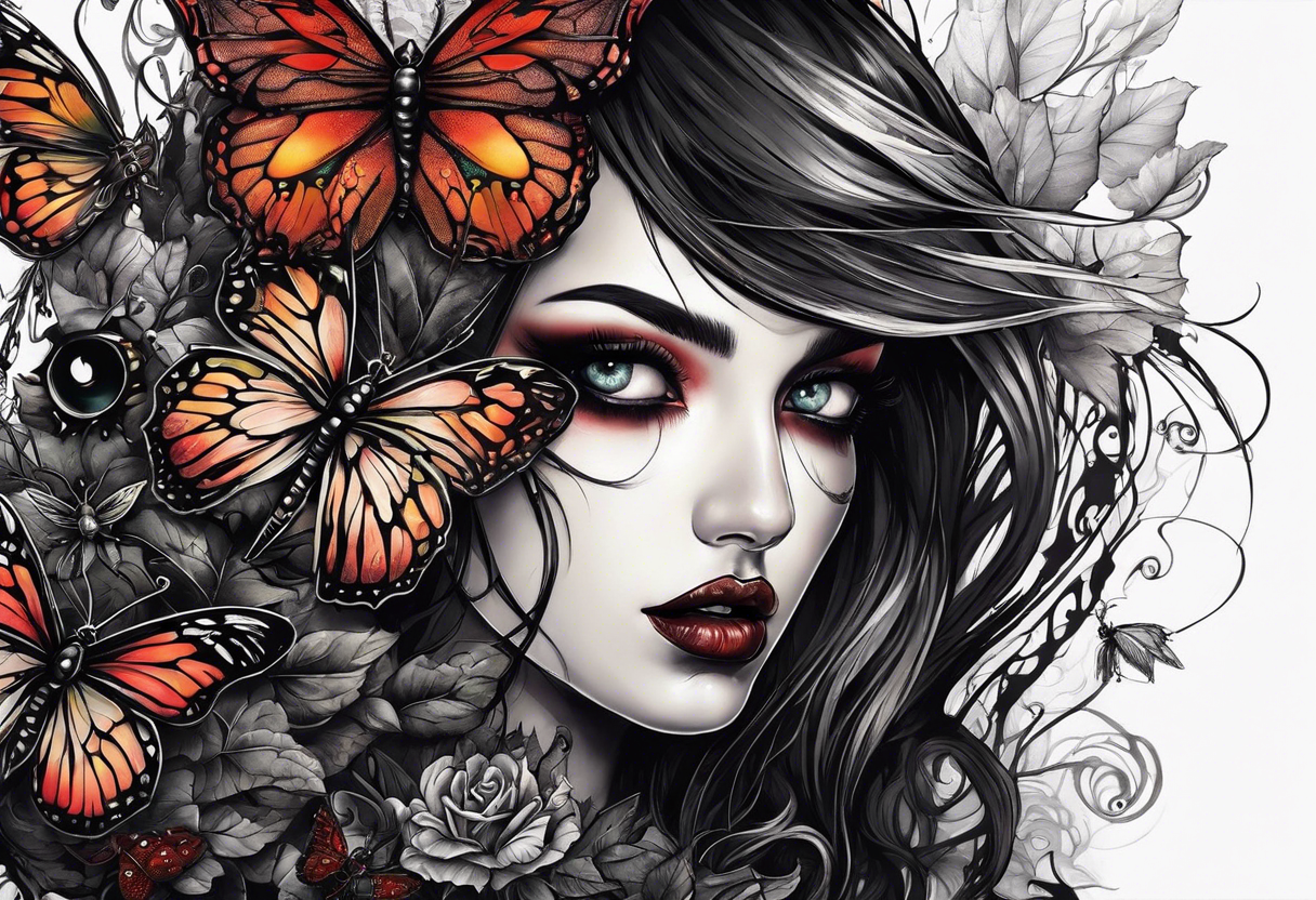 Surrealistic Gothic elements with beauty girl face with horror eyes. Realistic insects in Horror style tattoo idea