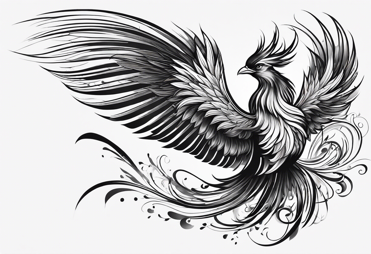 minimalist pheonix with long tail curling and feathers coming off tail tattoo idea