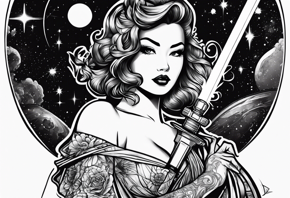 Pinup woman holding light saber in space tattoo idea