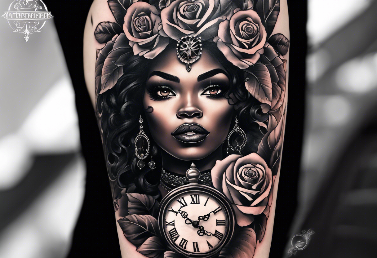 A feminine arm sleeve with a black African witchy queen woman with smoky eyes, a granddaddy clock with roses. tattoo idea