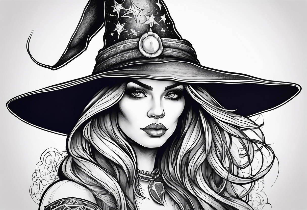 a colorful realistic witch tattoo idea